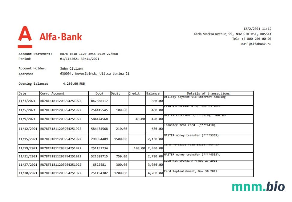 Rosja Alfa bank dowód adresu szablon oświadczenia w formacie Word i PDF